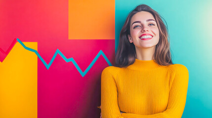 Young woman in a yellow sweater standing against a vibrant background with an upward trending graph, symbolizing growth and positivity