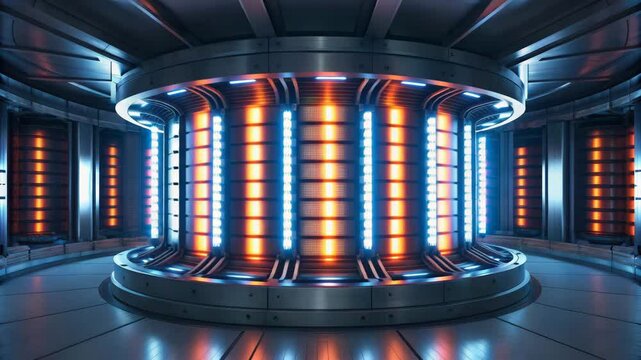 A futuristic tokamak reactor facility showcasing vibrant glowing plasma in a high-tech environment.