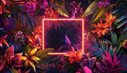 Vibrant tropical floral display with neon frame