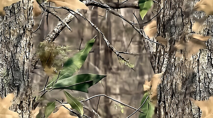 A camouflage pattern made of real tree branches and green leaves, with an American-style camo design for hunting