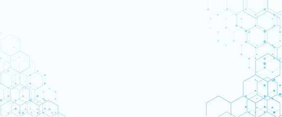 Modern abstract scientific background featuring a minimalist design, blue hexagonal patterns and molecular structures on a light gradient background. Ideal for use in healthcare industry