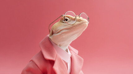 Stylish lizard wearing pink coat and glasses on pink background adorable reptile fashion pet portrait studio shot 