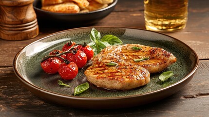 Juicy grilled steak served with roasted cherry tomatoes on rustic plate