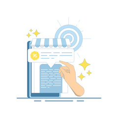 Local business e-commerce marketing concept, audience targeting and store sales advertising. Retail promotion strategy with customer engagement in personalized discount offers. Flat illustration