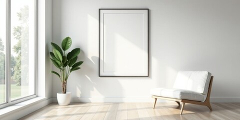 A Minimalist Room Interior Featuring a Large Blank Frame, a Comfortable Armchair, and a Potted Plant, Ideal for Displaying Artwork or Photography