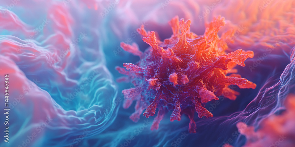 Poster close-up of a red virus particle against a blue and pink background, showcasing intricate detail and