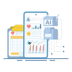 Smart watch and health tracker concept. AI based diagnostics. Algorithm analyzing health data. Medical insights in healthcare. Flat design vector illustration on background.