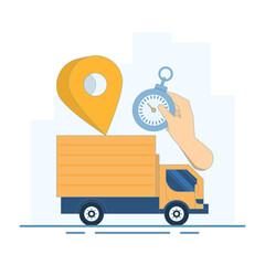 Fast Delivery Concept. Delivery Truck with Stopwatch and Location Symbol. fast and safe delivery. Package delivery with fast response. Vector Illustration Design on background.