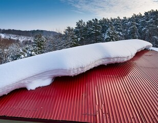 large snowdrift melting on red metal roof creating risk of collapse and falling snow