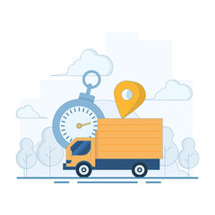 Fast Delivery Concept. Delivery Truck with Stopwatch and Location Symbol. fast and safe delivery. Package delivery with fast response. Vector Illustration Design on background.