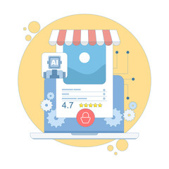 AI concept enhances customer experience. Personalized predictive product recommendations, martech and AI using data analytics and machine learning marketing. Flat vector illustration.