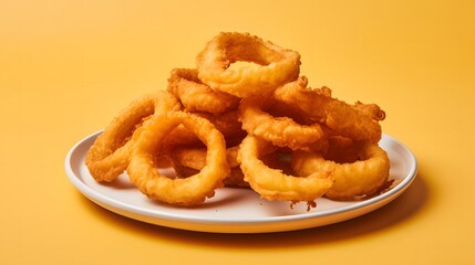 Crispy onion rings served on a plate bright yellow background food photography vibrant setting close-up view
