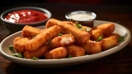 Crispy deep-fried mozzarella sticks restaurant kitchen food photography rustic background close-up snack delight