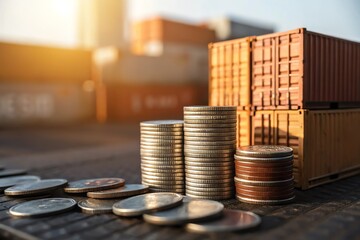 Stacks of coins and shipping containers representing global trade and commerce in a bustling port environment.
