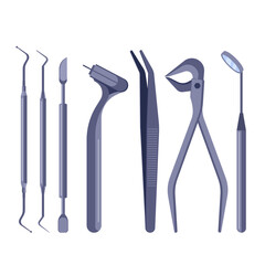 Vector illustration of dental tools including mirror, probe, tweezers, drill, and forceps. Used in oral examination and treatment, suitable for dental clinic, healthcare, and hygiene themes