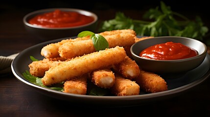 Fototapeta premium Crispy mozzarella sticks delight restaurant background food photography warm environment close-up view flavorful concept