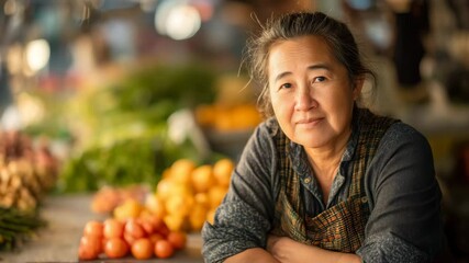 Portrait of a Smiling Elderly Woman at a Fresh Produce Market Surrounded by Colorful Fruits and Vegetables