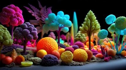 Vibrant fruit-tree forest adventure fantasy land digital art colorful environment