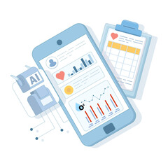 Smart watch and health tracker concept. AI based diagnostics. Algorithm analyzing health data. Medical insights in healthcare. Flat design vector illustration on background.