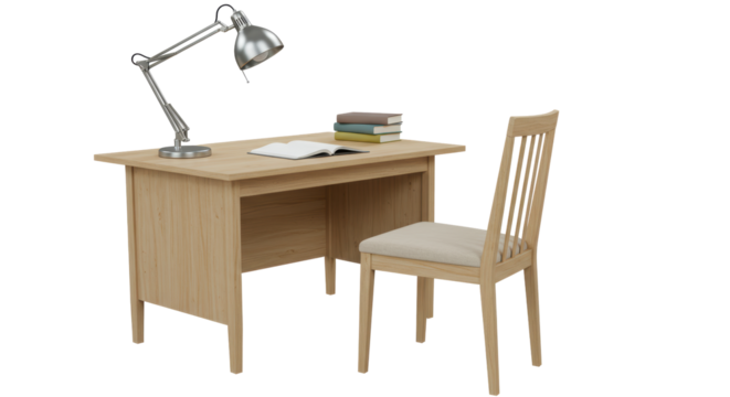 Isolated Desk With Silver Lamp and Books for Studying