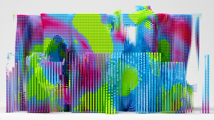 3d render of abstract art of surreal rectangle object based on small cubes boxes particles in...