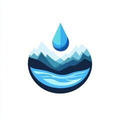 Stylized mountain landscape and river with a blue drop above, round emblem on white background for nature or water concepts.