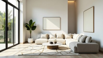Modern Sectional Sofa in Minimalist Living Room with Large Windows and Blank Canvas Artwork