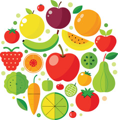 Seamless vector pattern with a fresh set of cartoon fruits including apple, strawberry, orange, and banana