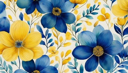 Fototapeta premium abstract watercolor seamless pattern with blue and yellow flowers hand drawn illustration digital art