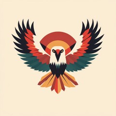 Stylized bird with wide open wings in geometric shapes and vibrant colors.