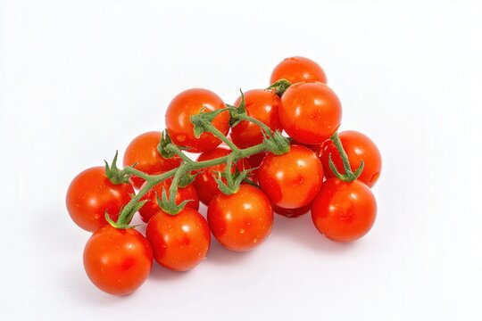 Cluster of ripe red cherry tomatoes on white background, fresh vine vegetables
 - Powered by Adobe