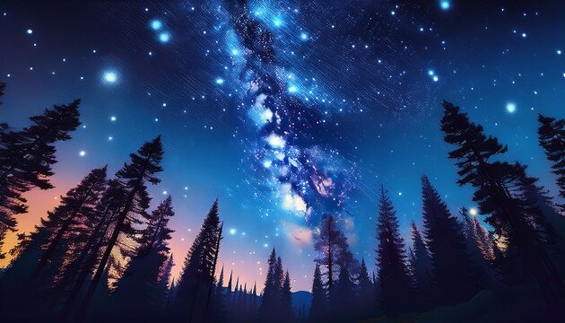 the starry sky in the night forest