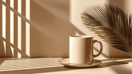 Monochrome mug composition with palm leaves and warm wall tones, calm morning setting