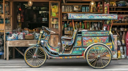 Fototapeta premium Colorful pedicab parked outside shop