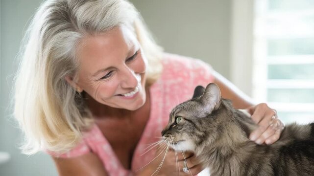 Smiling Woman Enjoying Playful Interaction with Tabby Cat in Sunlit Indoor Space