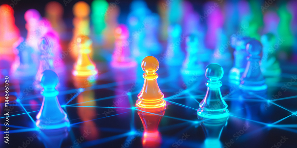 Poster Illuminated glass chess pieces on a grid, showcasing connection and strategy, symbolizing networking, competition, and teamwork in business