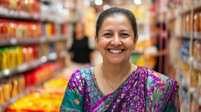 Smiling Woman in Colorful Sari Shopping in Grocery Aisle with Vibrant Background and Joyful Expression