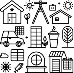 This vector illustration set features various real estate icons, including house, home, and building symbols for property, architecture, and business design