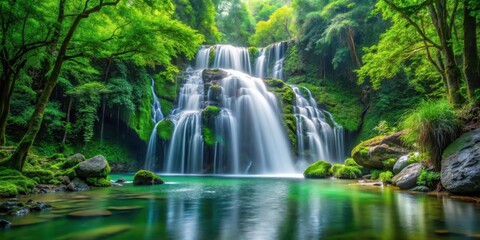 Forest waterfall with lush greenery and crystal clear streams in the background, stream, serenity, stream, serenity,greenery
