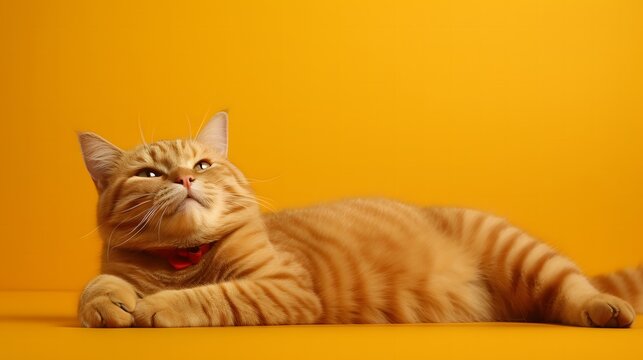 Playful pixiebob cat relaxing on its back in a bright yellow background capturing joyful moments in a cozy environment