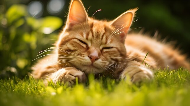 Relaxing pixiebob cat in lush green background nature scene outdoor environment close-up view feline serenity