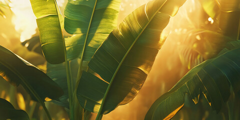 Large green banana leaves backlit by warm sunlight, showing detailed texture and shadows, representing tropical nature, serenity, and summer
