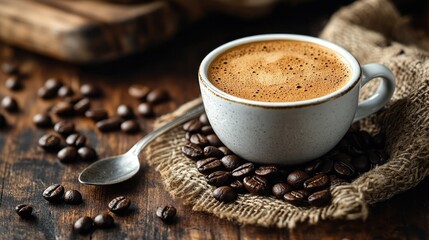 Close Up Of A Coffee Cup Filled With Espresso And Coffee Beans On Rustic Wooden Table With Napkin