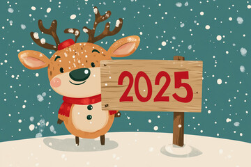 Fototapeta premium Cute cartoon deer holding 2025 sign
