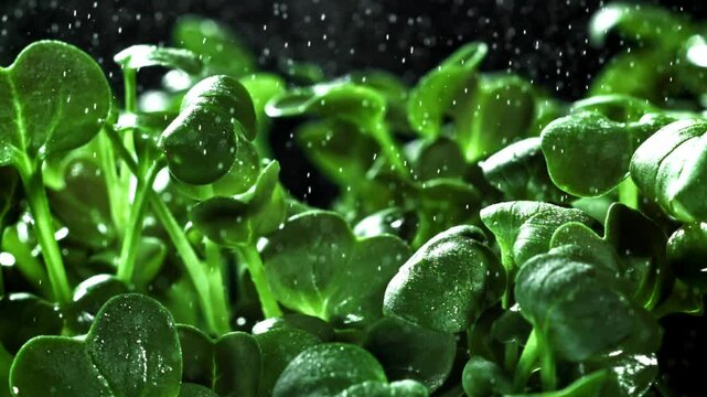 Daikon microgreens with water dust. Filmed on a high-speed camera at 1000 fps. High quality FullHD footage