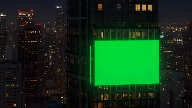 green screen tron video mockup display on top of skyscraper building at night