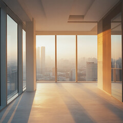 Obraz premium Empty room with large windows showcasing a city skyline at sunset, bathed in warm light, representing opportunity, success, and modern living