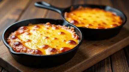 Golden, bubbly cheese baked in individual cast iron skillets on a rustic wooden board