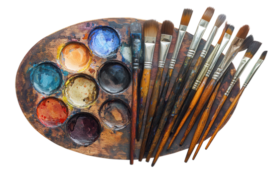 A well loved artist s palette with vibrant watercolor paints and a collection of used paintbrushes