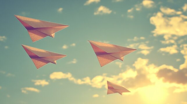 Paper planes soaring through sunlit sky